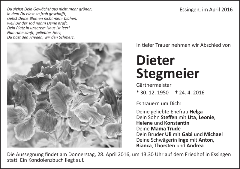  Traueranzeige für Dieter Stegmeier vom 26.04.2016 aus Schwäbische Post