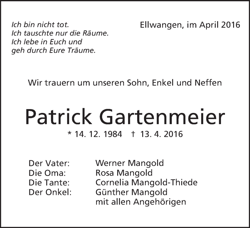  Traueranzeige für Patrick Gartenmeier vom 19.04.2016 aus Schwäbische Post