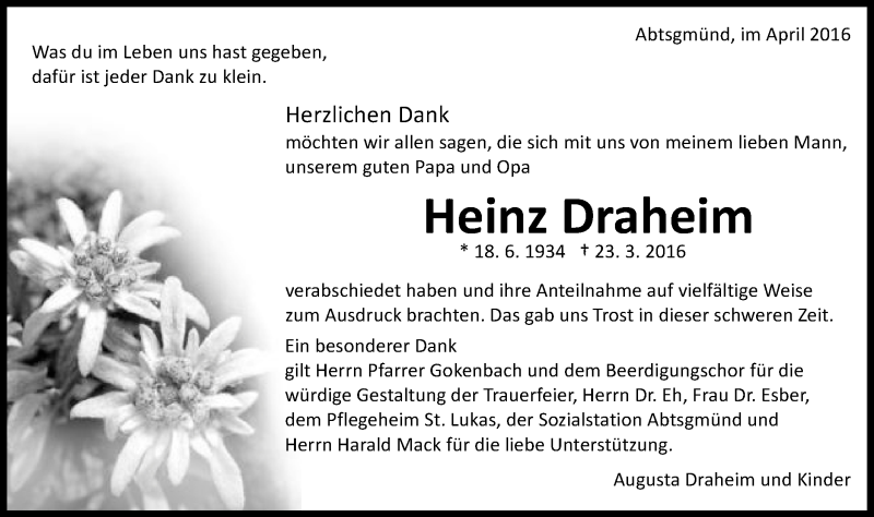  Traueranzeige für Heinz Draheim vom 18.04.2016 aus Schwäbische Post