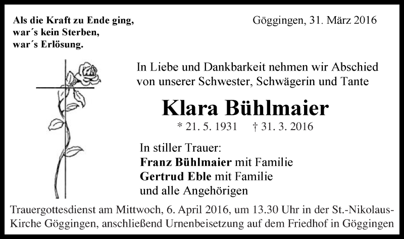  Traueranzeige für Klara Bühlmaier vom 02.04.2016 aus Gmünder Tagespost