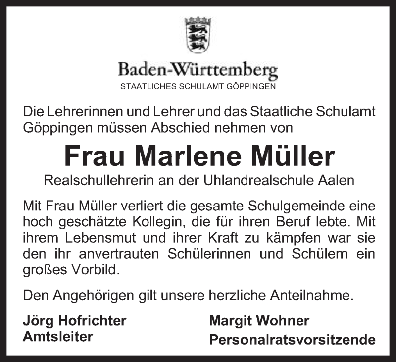  Traueranzeige für Marlene Müller vom 28.04.2016 aus Schwäbische Post