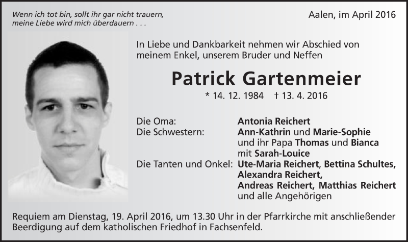  Traueranzeige für Patrick Gartenmeier vom 16.04.2016 aus Schwäbische Post