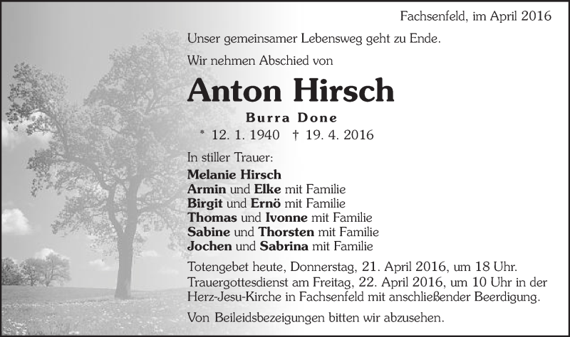  Traueranzeige für Anton Hirsch vom 21.04.2016 aus Schwäbische Post