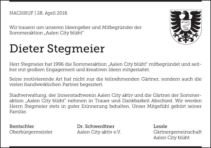  Traueranzeige für Dieter Stegmeier vom 28.04.2016 aus Schwäbische Post