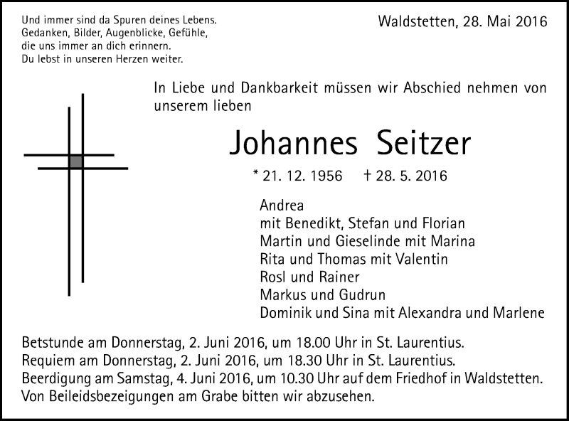  Traueranzeige für Johannes Seitzer vom 31.05.2016 aus Gmünder Tagespost