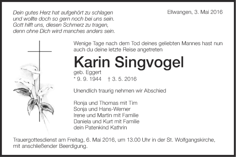  Traueranzeige für Karin Singvogel vom 04.05.2016 aus Schwäbische Post