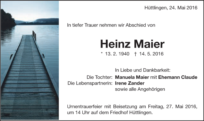  Traueranzeige für Heinz Maier vom 24.05.2016 aus Schwäbische Post