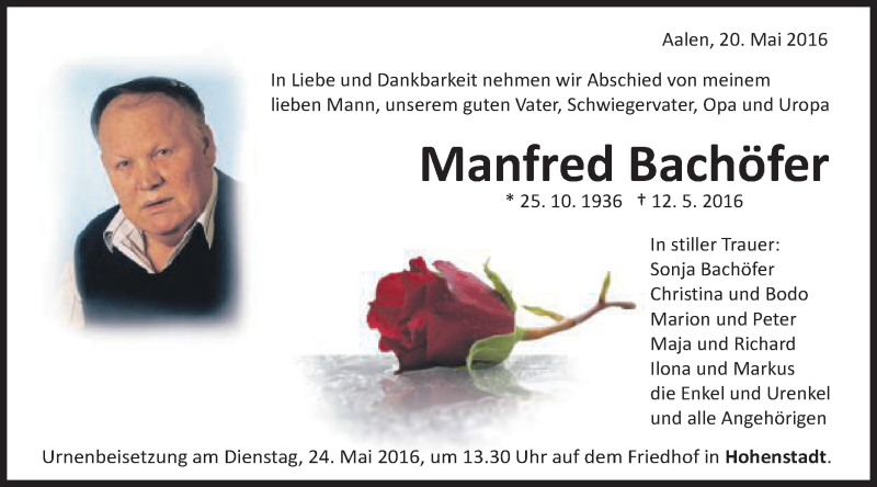  Traueranzeige für Manfred Bachöfer vom 20.05.2016 aus Schwäbische Post
