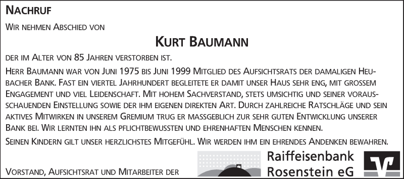  Traueranzeige für Kurt Baumann vom 28.05.2016 aus Gmünder Tagespost