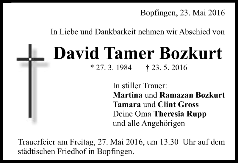  Traueranzeige für David Tamer Bozkurt vom 25.05.2016 aus Schwäbische Post