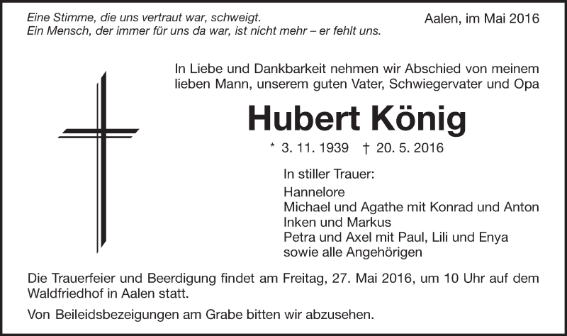  Traueranzeige für Hubert König vom 24.05.2016 aus Schwäbische Post
