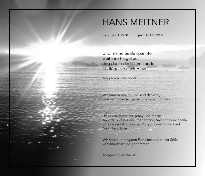  Traueranzeige für Hans Meitner vom 25.05.2016 aus Schwäbische Post