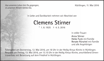 Traueranzeige von Clemens Stirner von Schwäbische Post