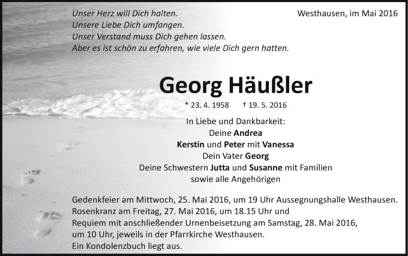  Traueranzeige für Georg Häußler vom 24.05.2016 aus Schwäbische Post