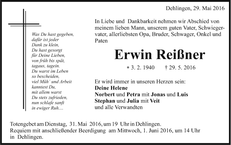  Traueranzeige für Erwin Reißner vom 31.05.2016 aus Schwäbische Post