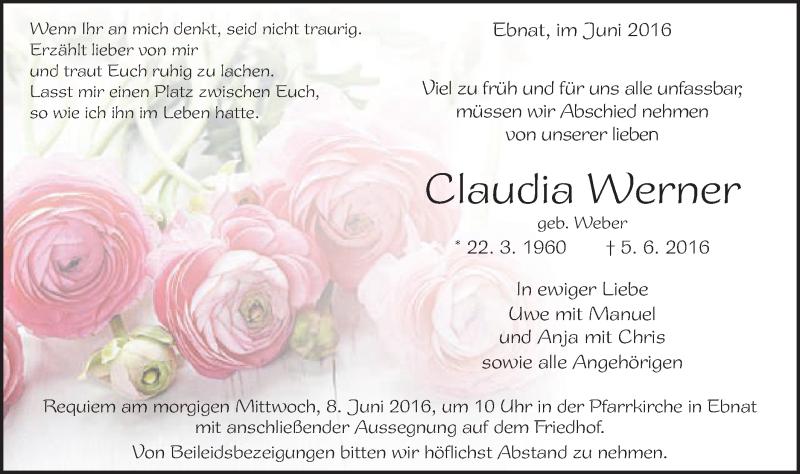  Traueranzeige für Claudia Werner vom 07.06.2016 aus Schwäbische Post
