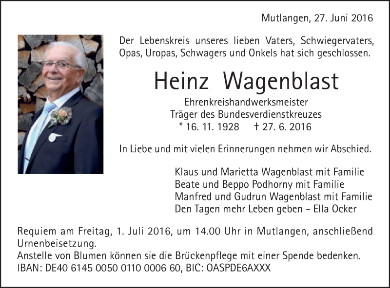  Traueranzeige für Heinz Wagenblast vom 29.06.2016 aus Gmünder Tagespost