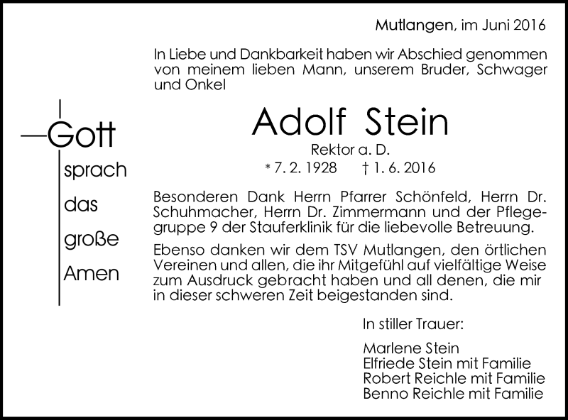  Traueranzeige für Adolf Stein vom 08.06.2016 aus Gmünder Tagespost
