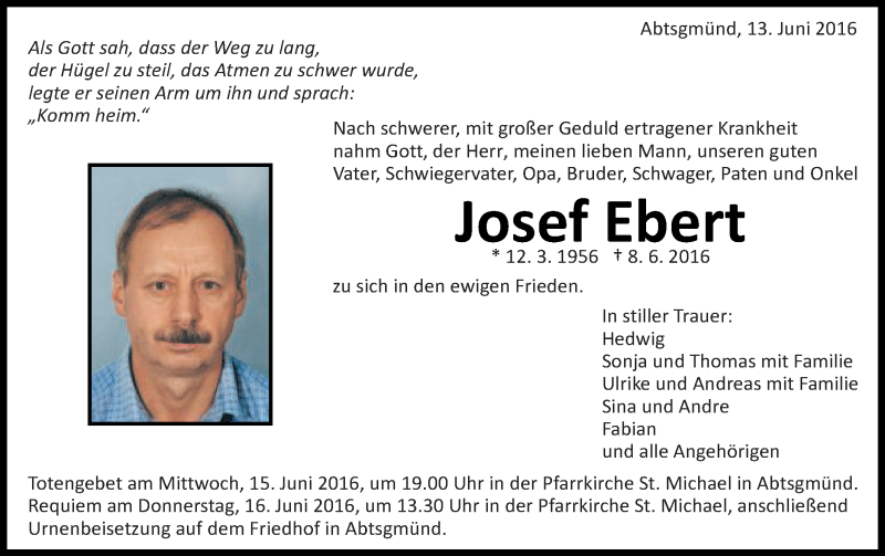  Traueranzeige für Josef Ebert vom 13.06.2016 aus Schwäbische Post