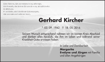 Traueranzeige von Gerhard Kircher von Gmünder Tagespost