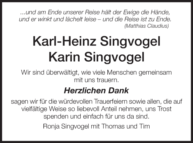  Traueranzeige für Karin Singvogel vom 07.06.2016 aus Schwäbische Post
