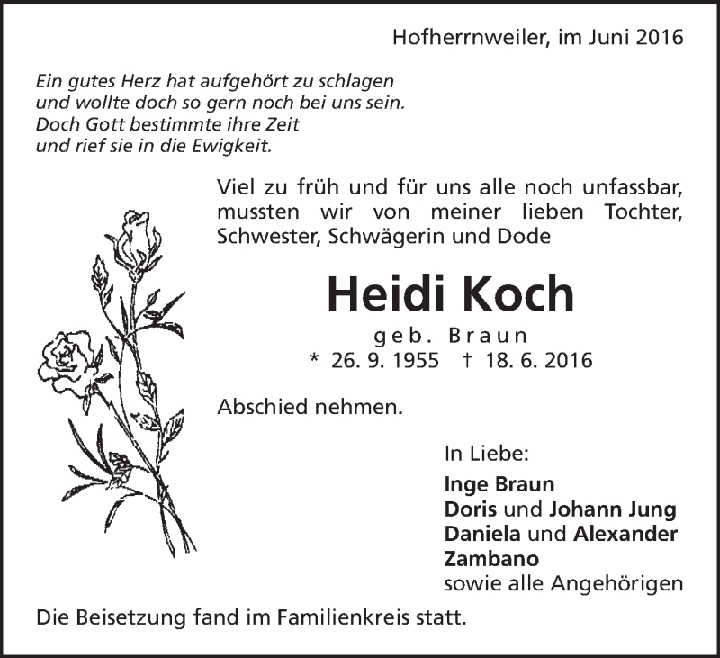  Traueranzeige für Heidi Koch vom 23.06.2016 aus Schwäbische Post