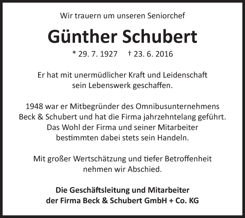  Traueranzeige für Günther Schubert vom 25.06.2016 aus Schwäbische Post