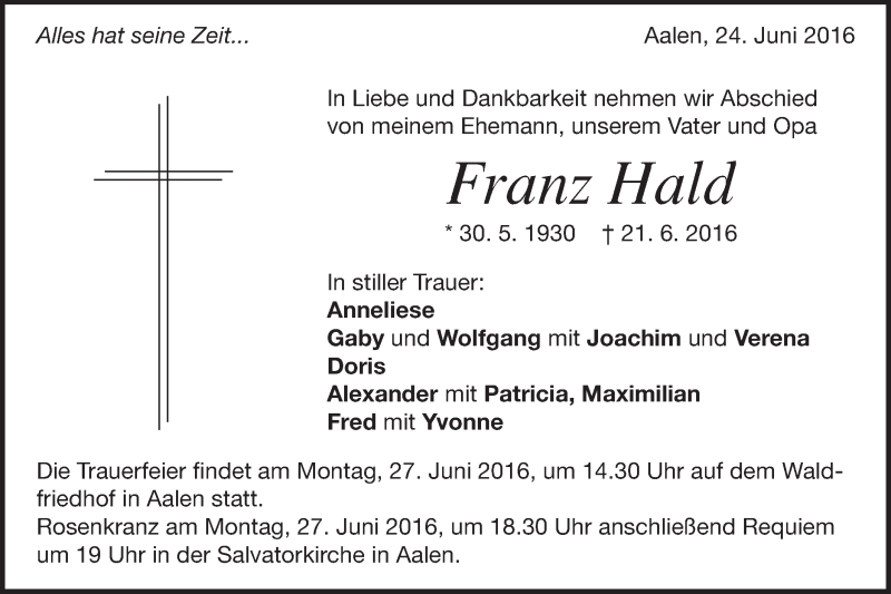  Traueranzeige für Franz Hald vom 24.06.2016 aus Schwäbische Post