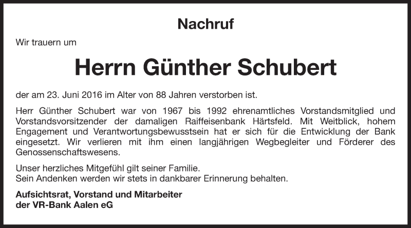  Traueranzeige für Günther Schubert vom 28.06.2016 aus Schwäbische Post