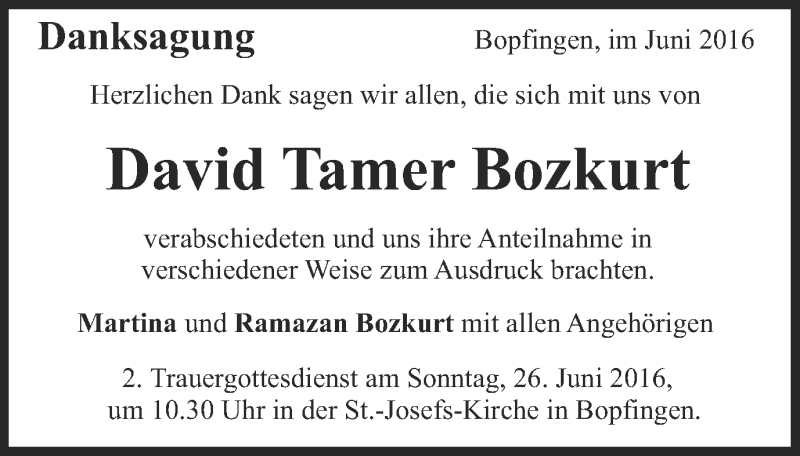  Traueranzeige für David Tamer Bozkurt vom 10.06.2016 aus Bopfinger Stadtanzeiger