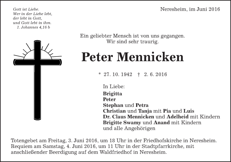  Traueranzeige für Peter Mennicken vom 03.06.2016 aus Schwäbische Post