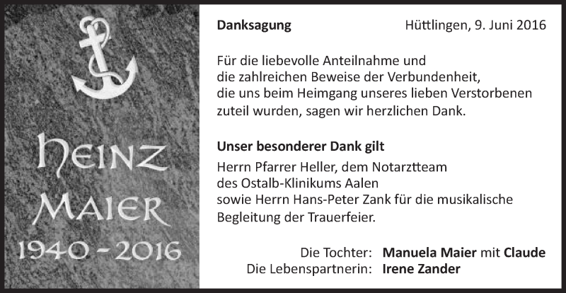  Traueranzeige für Heinz Maier vom 09.06.2016 aus Schwäbische Post