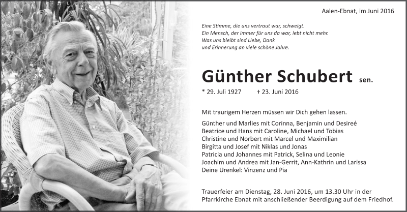  Traueranzeige für Günther Schubert vom 25.06.2016 aus Schwäbische Post
