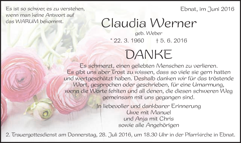  Traueranzeige für Claudia Werner vom 02.07.2016 aus Schwäbische Post