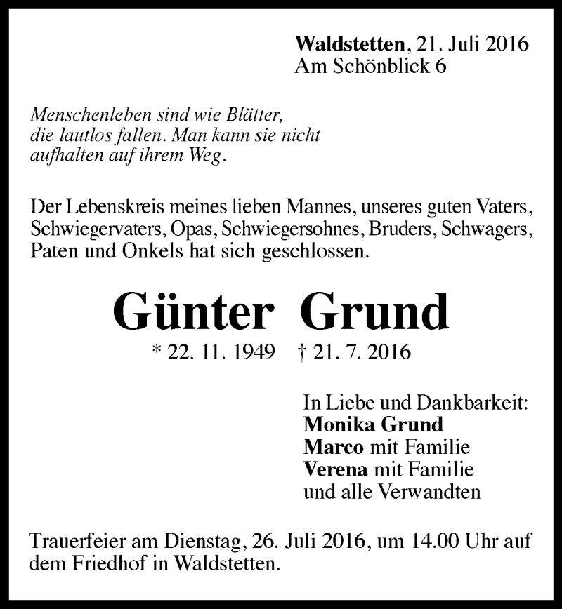  Traueranzeige für Günter Grund vom 22.07.2016 aus Gmünder Tagespost