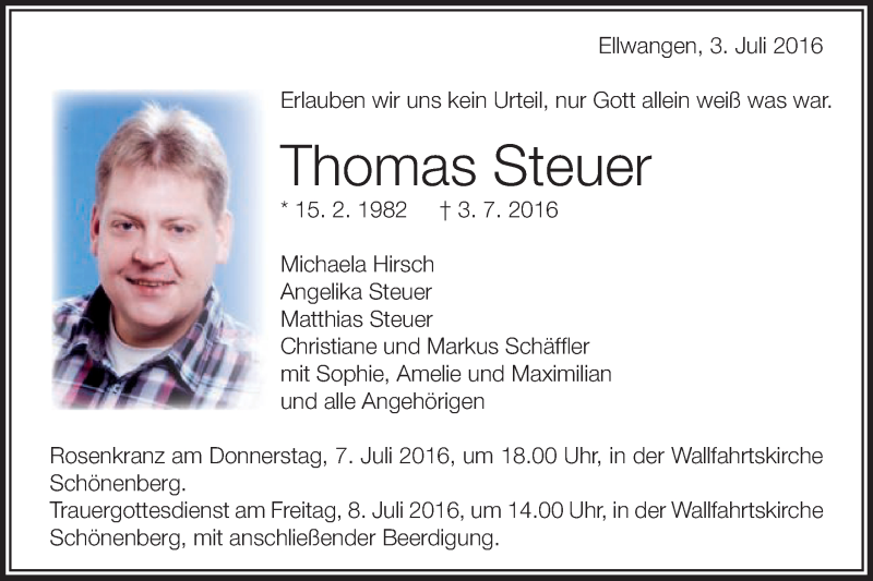  Traueranzeige für Thomas Steuer vom 07.07.2016 aus Schwäbische Post