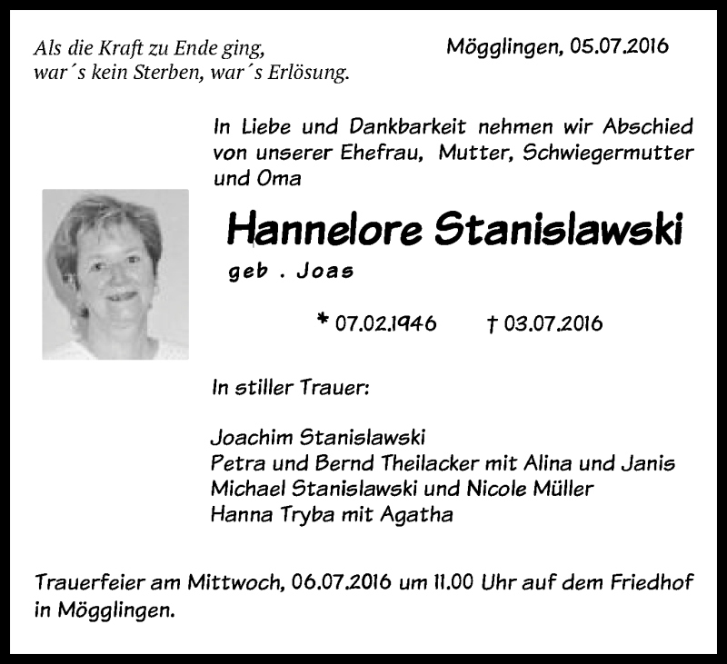 Traueranzeige für Hannelore Stanislawski vom 05.07.2016 aus Schwäbische Post