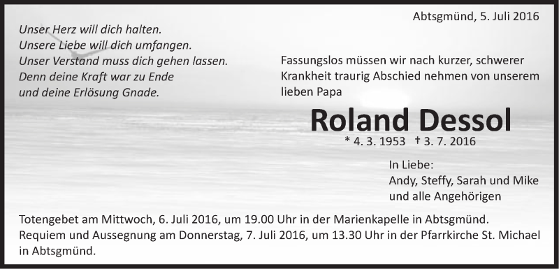  Traueranzeige für Roland Dessol vom 05.07.2016 aus Schwäbische Post