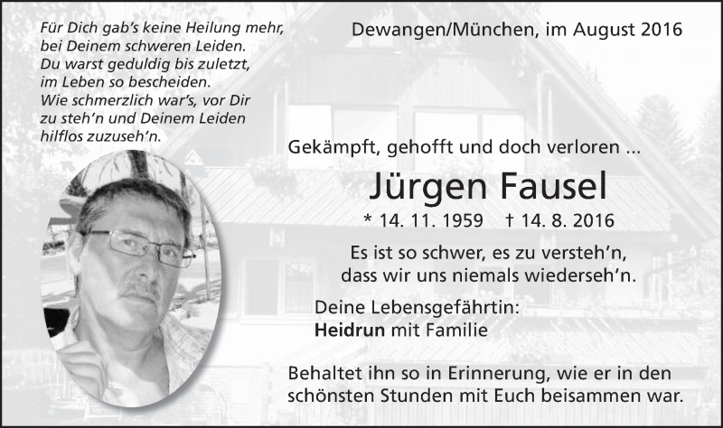  Traueranzeige für Jürgen Fausel vom 18.08.2016 aus Schwäbische Post