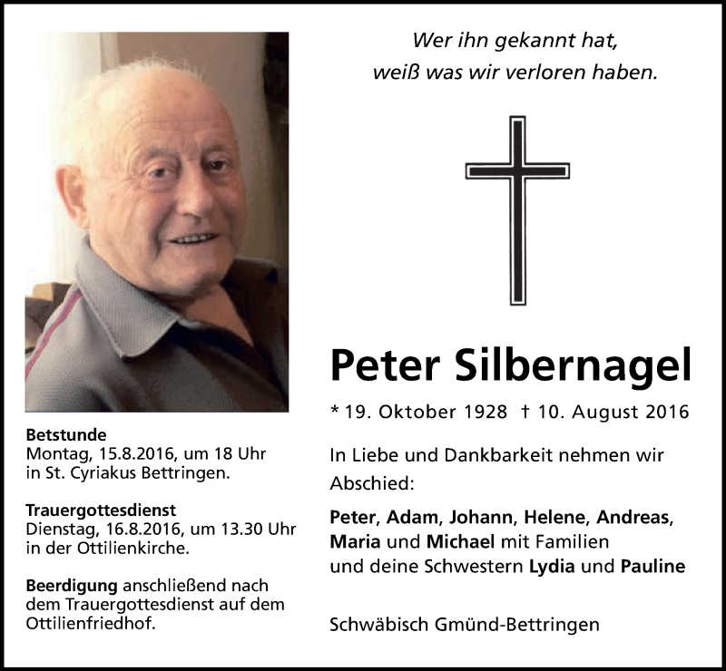  Traueranzeige für Peter Silbernagel vom 13.08.2016 aus Gmünder Tagespost
