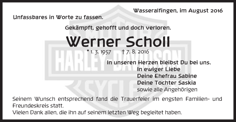  Traueranzeige für Werner Scholl vom 24.08.2016 aus Schwäbische Post