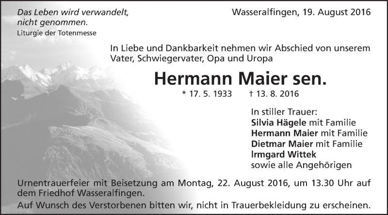  Traueranzeige für Hermann Maier vom 19.08.2016 aus Schwäbische Post