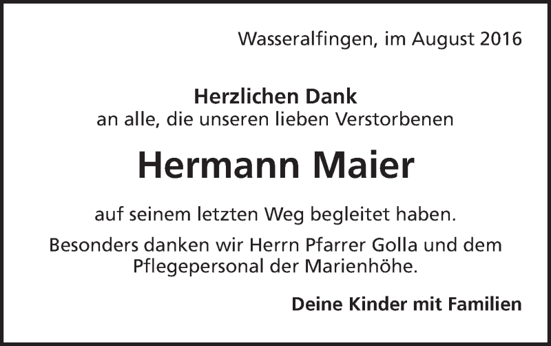  Traueranzeige für Hermann Maier vom 30.08.2016 aus Schwäbische Post