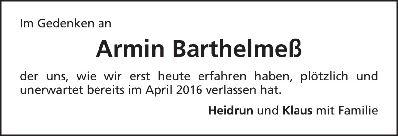  Traueranzeige für Armin Barthelmeß vom 25.08.2016 aus Schwäbische Post
