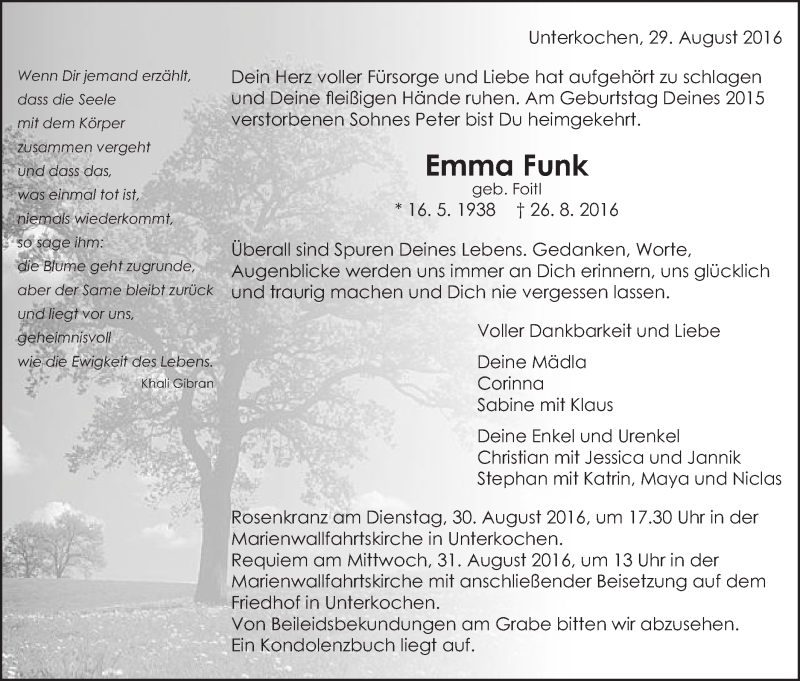  Traueranzeige für Emma Funk vom 29.08.2016 aus Schwäbische Post