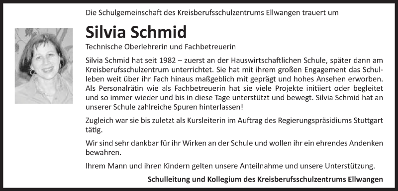  Traueranzeige für Silvia Schmid vom 30.08.2016 aus Schwäbische Post