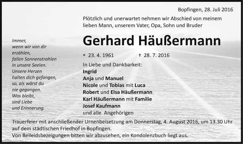  Traueranzeige für Gerhard Häußermann vom 02.08.2016 aus Schwäbische Post