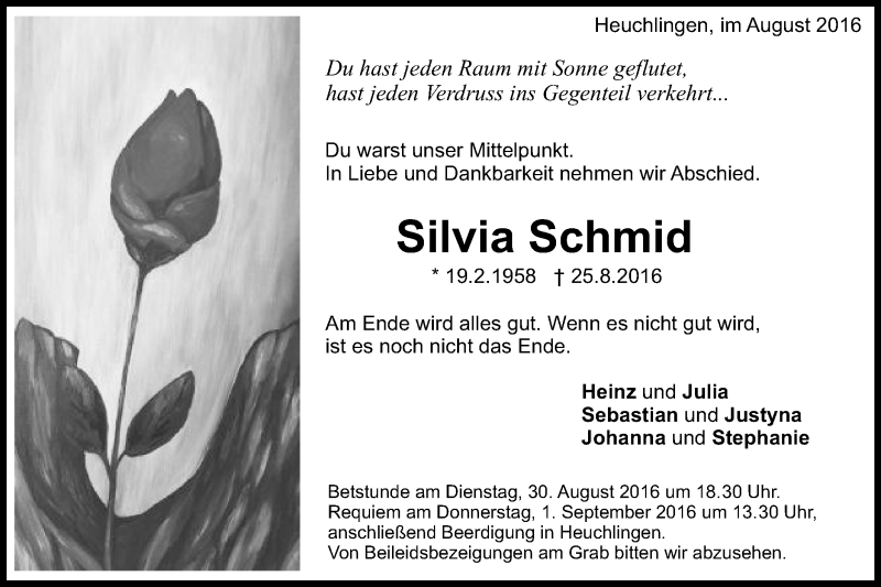  Traueranzeige für Silvia Schmid vom 27.08.2016 aus Gmünder Tagespost