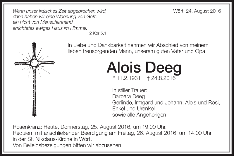  Traueranzeige für Alois Deeg vom 25.08.2016 aus Schwäbische Post