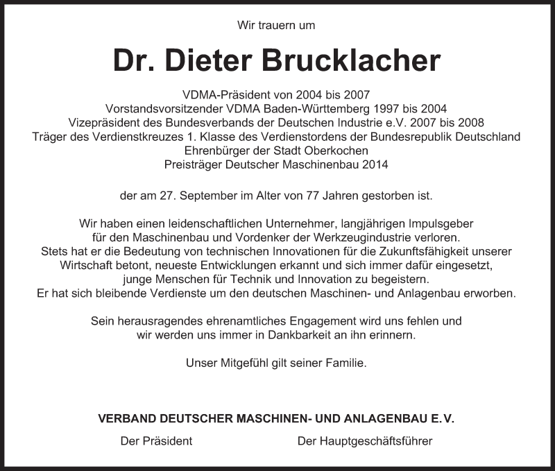  Traueranzeige für Dieter Brucklacher vom 29.09.2016 aus Schwäbische Post